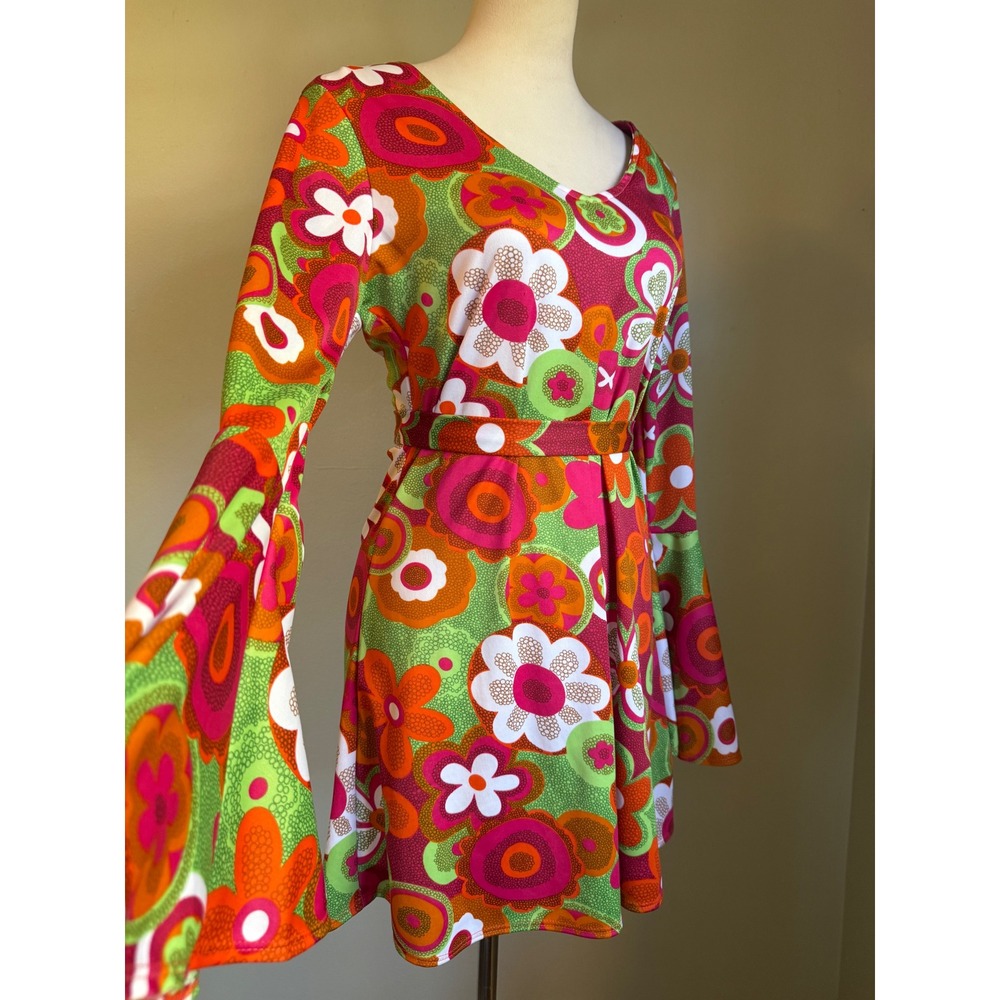 Charades Groovin Dress Pink Orange Floral Bell hippie Retro 60s 70s Costume M